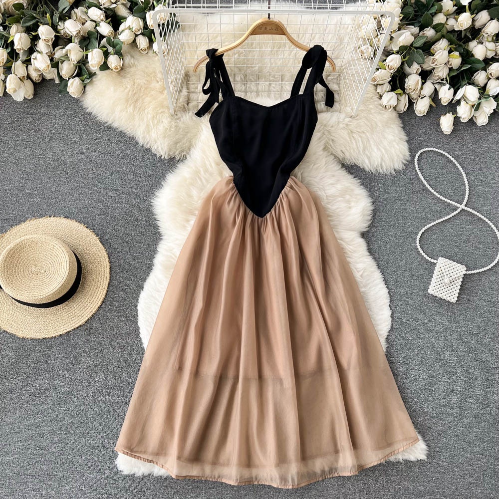 Vestido Francês Coreano Suspensório Feminino Verão Temperamento Cintura Alta Elegante Vestidos Midi