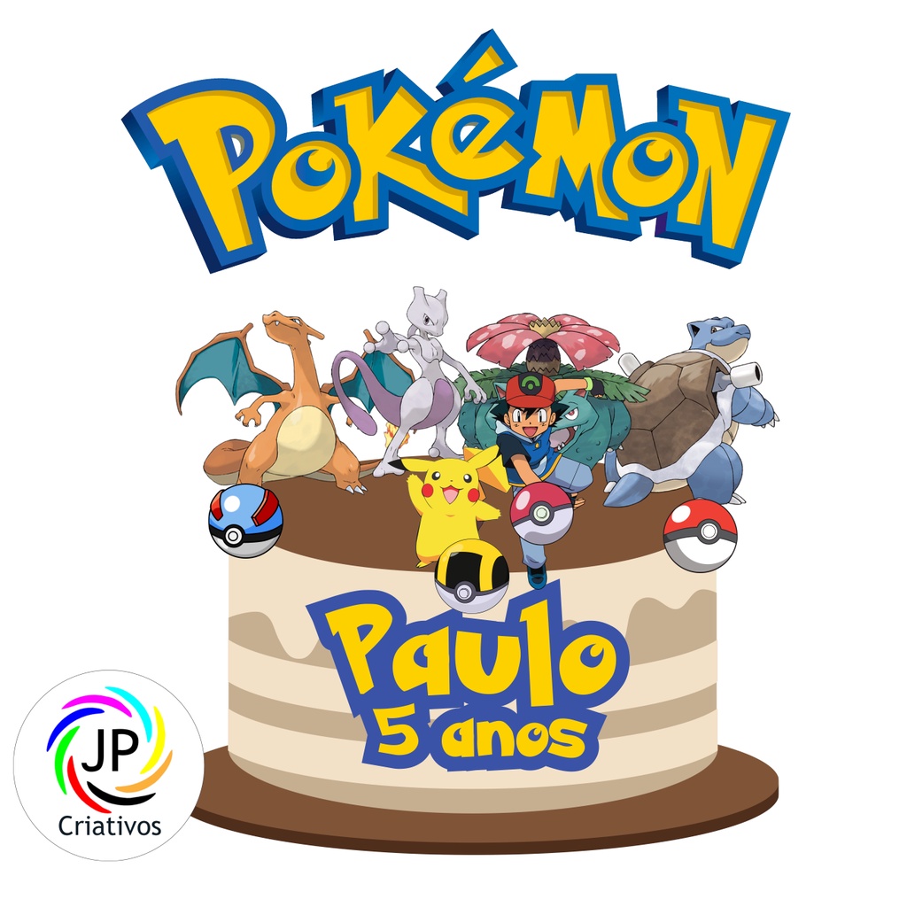 Topo de Bolo Pokémon c/ Nome-3 Personagens