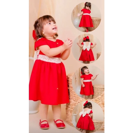 Kit Vestido Princesa Laço Vermelho Natal Juvenil Infantil Bebê