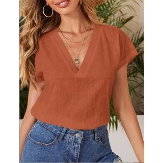 Blusa Feminina Elegante De Linho De Algodão Sólido Cor Para O Verão Camisa Casual De Manga Curta Solta Tops Largos