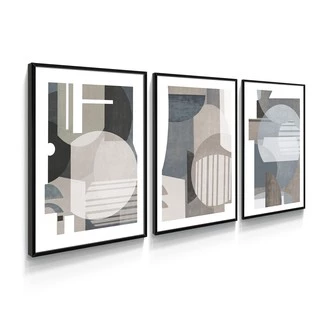 Quadro Decorativo com Moldura e Vidro Tamanho A2 Abstrato Moderno Cinza Geométrico Para Sala Quarto Escritório