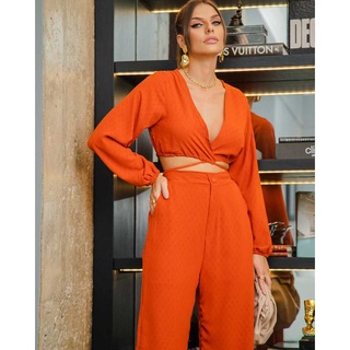conjunto cropped manga longa e calça pantalona feminino adulto 8077