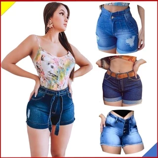 Kit com 2 shorts Jeans Feminino luxo Cintura Alta Detonado Destroyed Rasgado Cós Alto Desfiado Hot Pants Estillo Blogueira Tendência Tik Tok