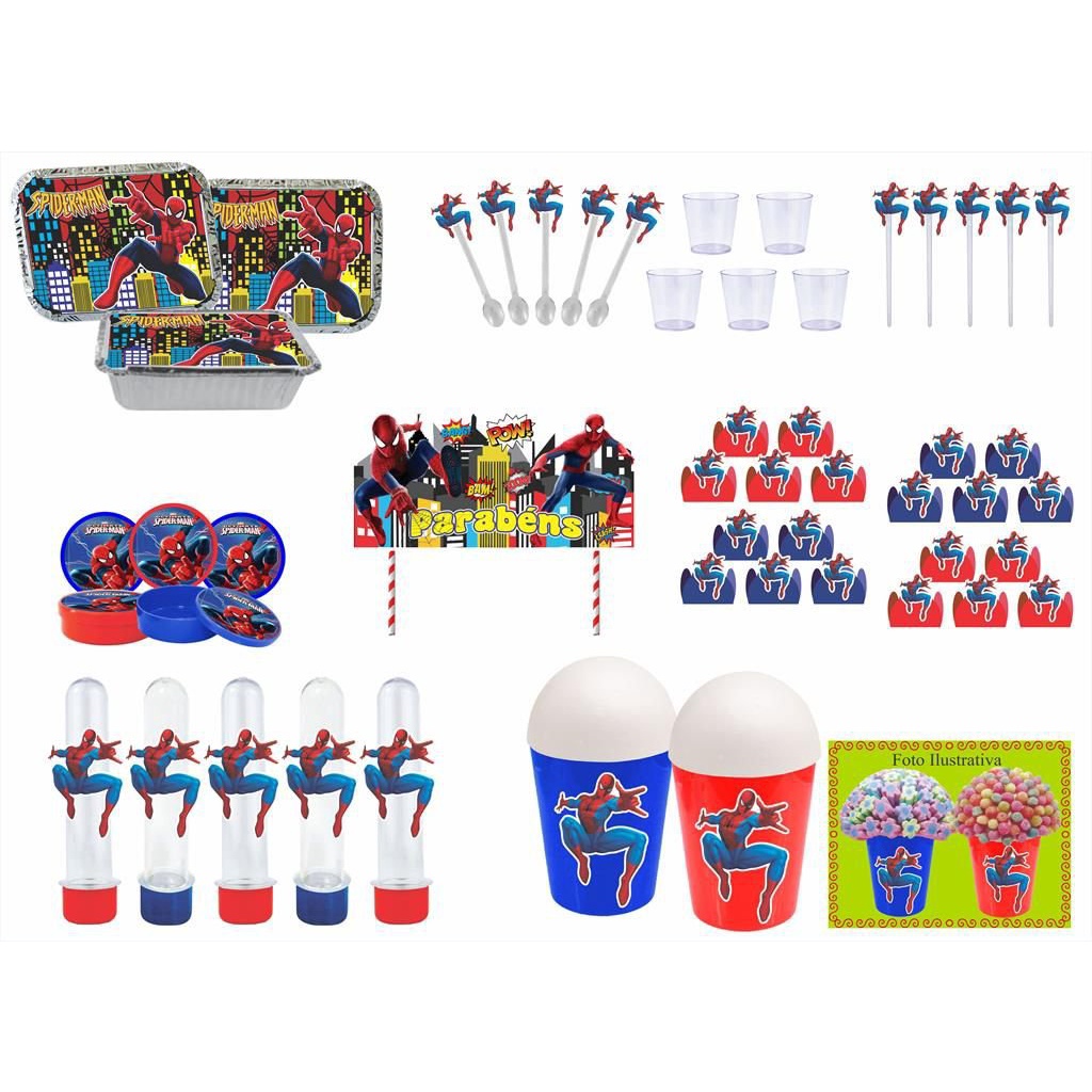 Kit Festa Homem Aranha Spiderman 173 peças Marmita Vaso Tubetes Topers ...
