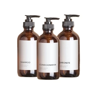 Kit Banheiro Minimal Shampoo Condicionador E Sabonete Frasco Dispenser Âmbar Banheiro Sanchz Design