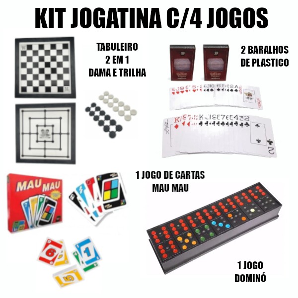 Kit Jogatina C/4 Jogos Dama + 2 Baralhos + Dominó + Mau Mau