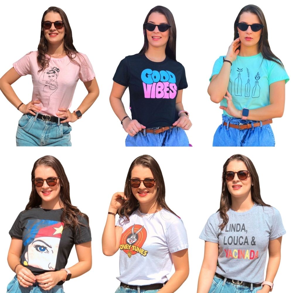 kit com 6 blusas t'shirts 100% algodão para revenda