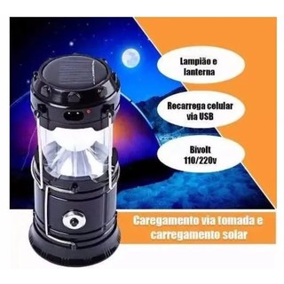 Lampião com placa Solar c/Lanterna, USB, recarregável, Portátil