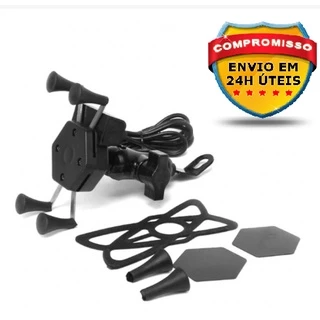 Suporte para celular com carregador USB + rede de proteção para moto Garra