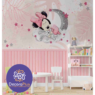 Papel De Parede Foto Mural Inteira Personalizado Disney Miney Mickey Mouse Na Lua Glitter Com Madeira Ripada Rosa Criança Delicada Menina Desenho Animado Fosco Vinil M² Imagem Completa