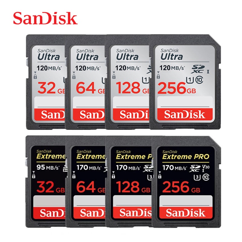 SanDisk Cartão SD 32GB 64GB 128GB 256GB De Memória 120MB/s U1 170MB U3 V30 4K Para Canon