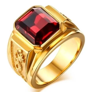 Anel Masculino Pedra Granada Vermelha Dragão Dourado Banhado Ouro 18 K