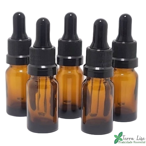 05 Frascos Vidro Âmbar Conta-Gotas com Tampa Lacre 10mL