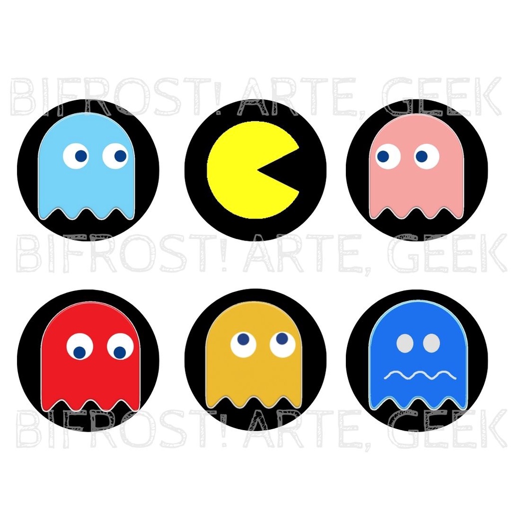 Kit 6 Botons Pac Man Colecionáveis fantasmas Blinky, Pinky, Inky e