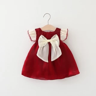 Ruffle Sleeve Bow Knot Girls Vestido De Bebê Vermelho Coreano Festa De Casamento Permeável E Confortável 0-3 Anos Roupas Infantis