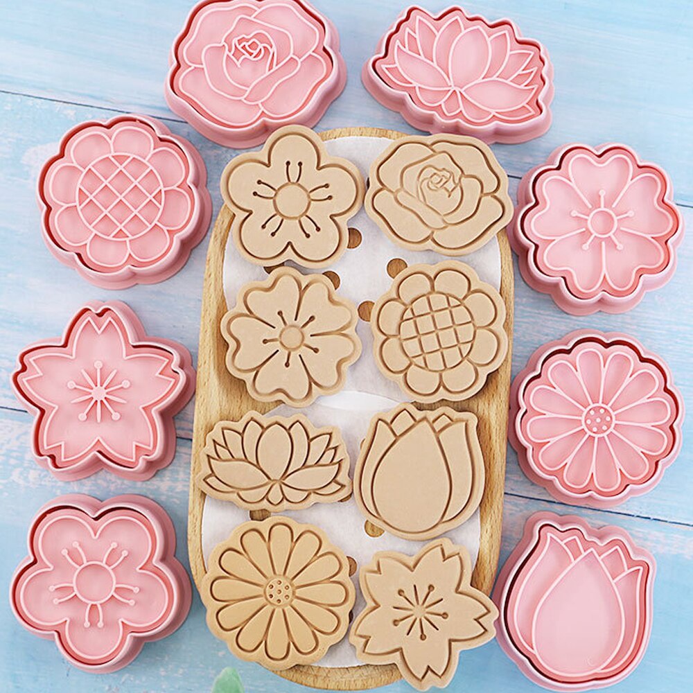 8pçs/Conjunto Cortadores De Biscoitos Plástico Em Forma De Flor 3D Desenho Animado Prensável Molde De Biscoito Carimbo Cozinha Confeitaria Açúcararia