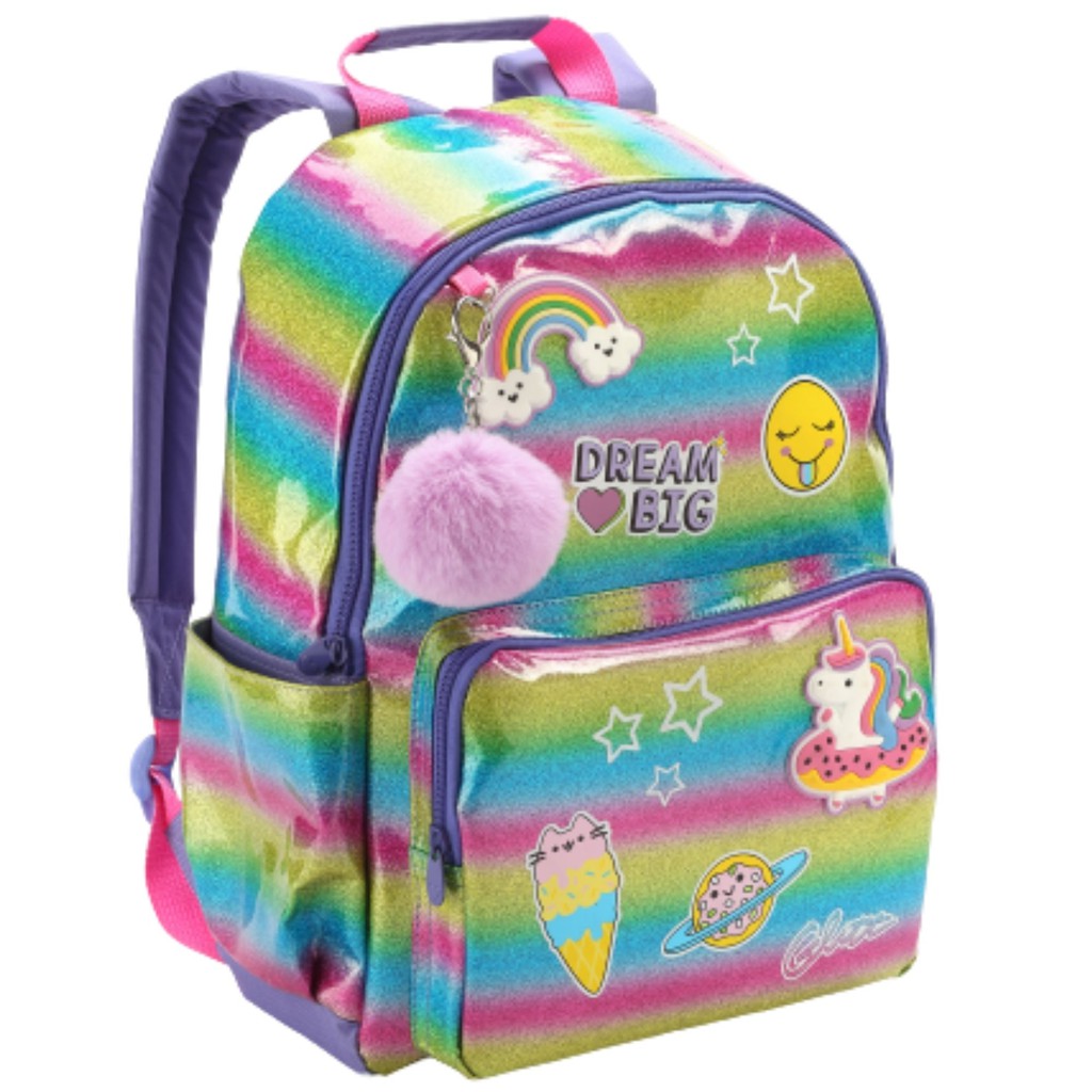 Mochila Escolar Feminina Infantil Unicórnio com Patches Pompom