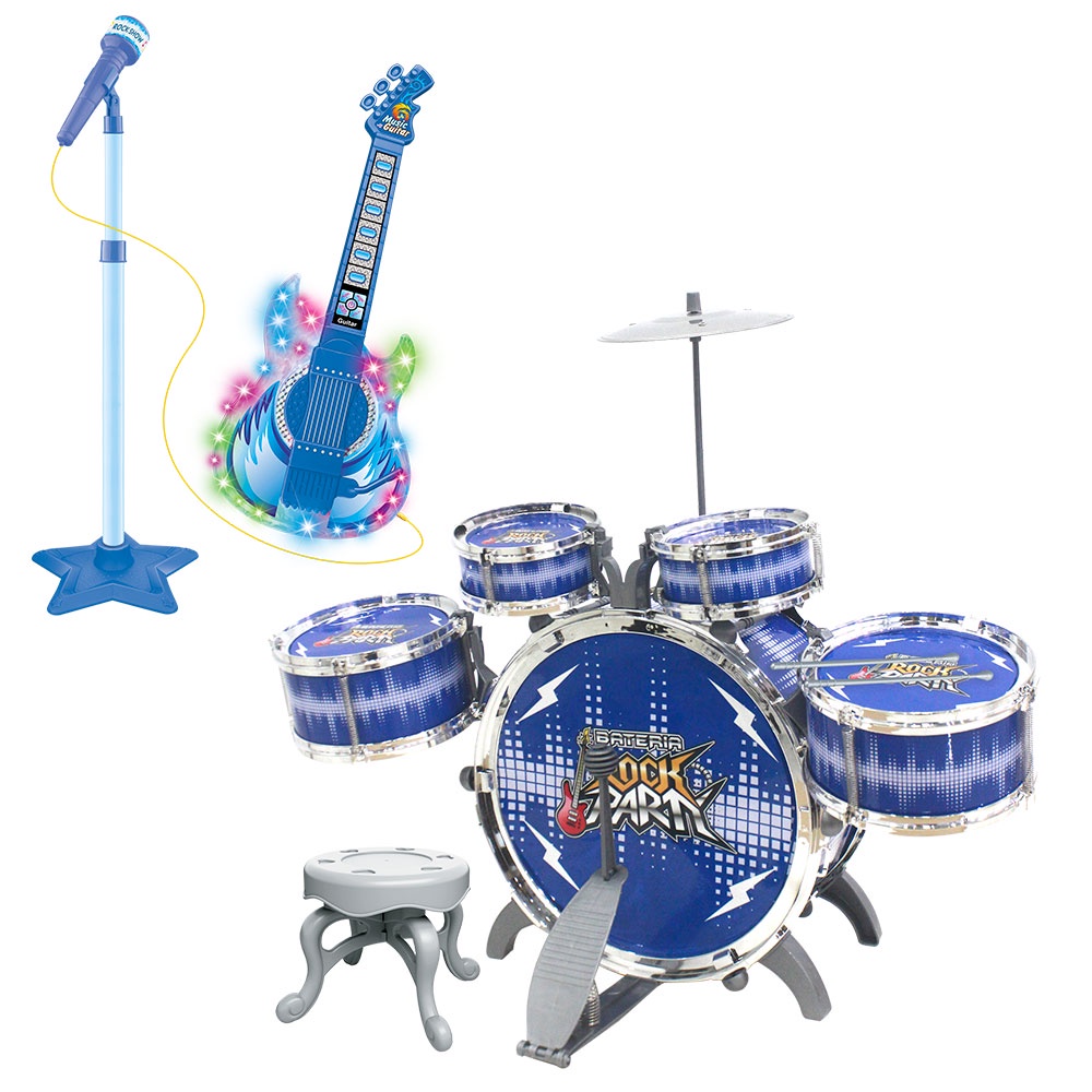 Kit Bateria Guitarra Amplificadora Com Microfone Pedestal Infantil Rock Luz e Som Azul - DM Toys