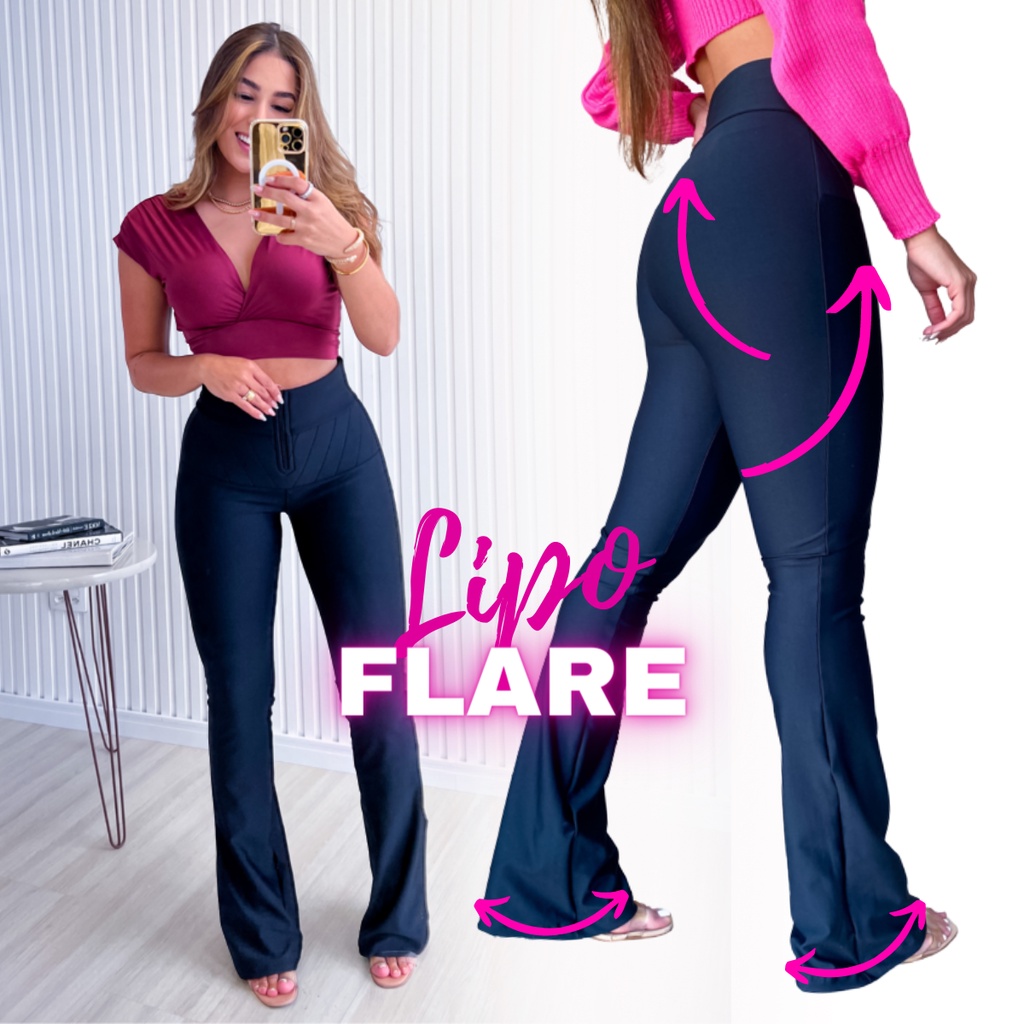 Calça Flare Efeito Lipo Cintura Alta Chapa Barriga Power Legging Montaria  Levanta Bunda