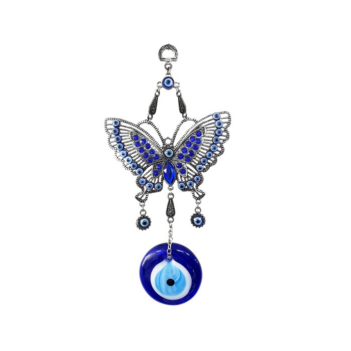 Hamsa Mano Di Fatima Amuleto Parete - Portafortuna Con Scritta Good Luck In Inglese/Ebraico - Blu/Bianco Con Occhio - 3