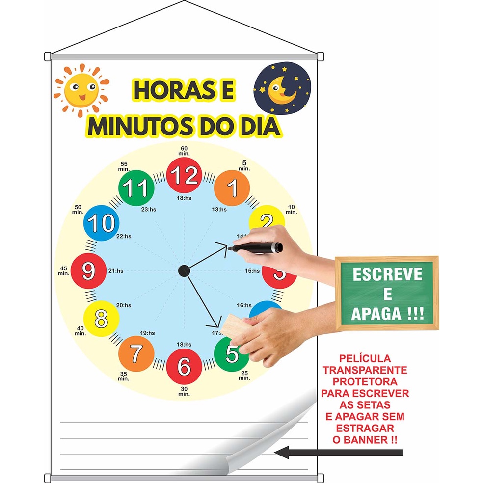 Banner pedagógico plastificado escreve e apaga Horas e minutos do dia ...