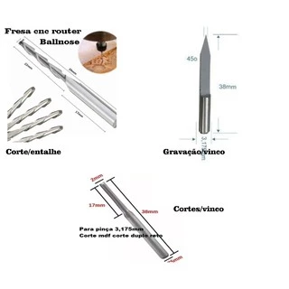 Kit 3 Fresas Cnc router Iniciantes Corte, Vinco, Entalhe