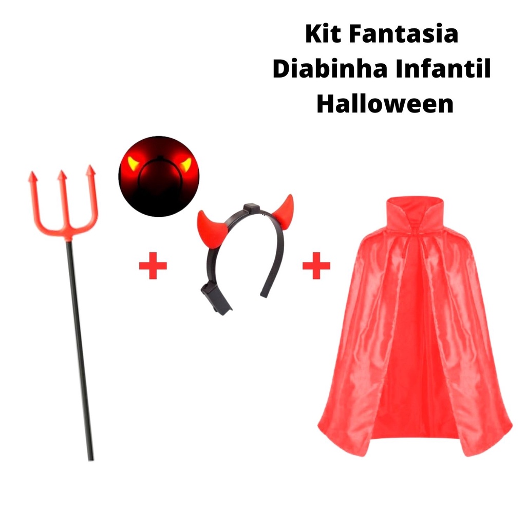 Fantasia Halloween Feminina Infantil De Diabinha C/ 3 Itens