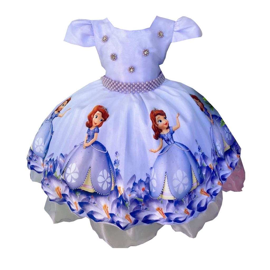 FANTASIA VESTIDO LILAS BOLINHA BABADOS PRINCESA SOFIA LUXO