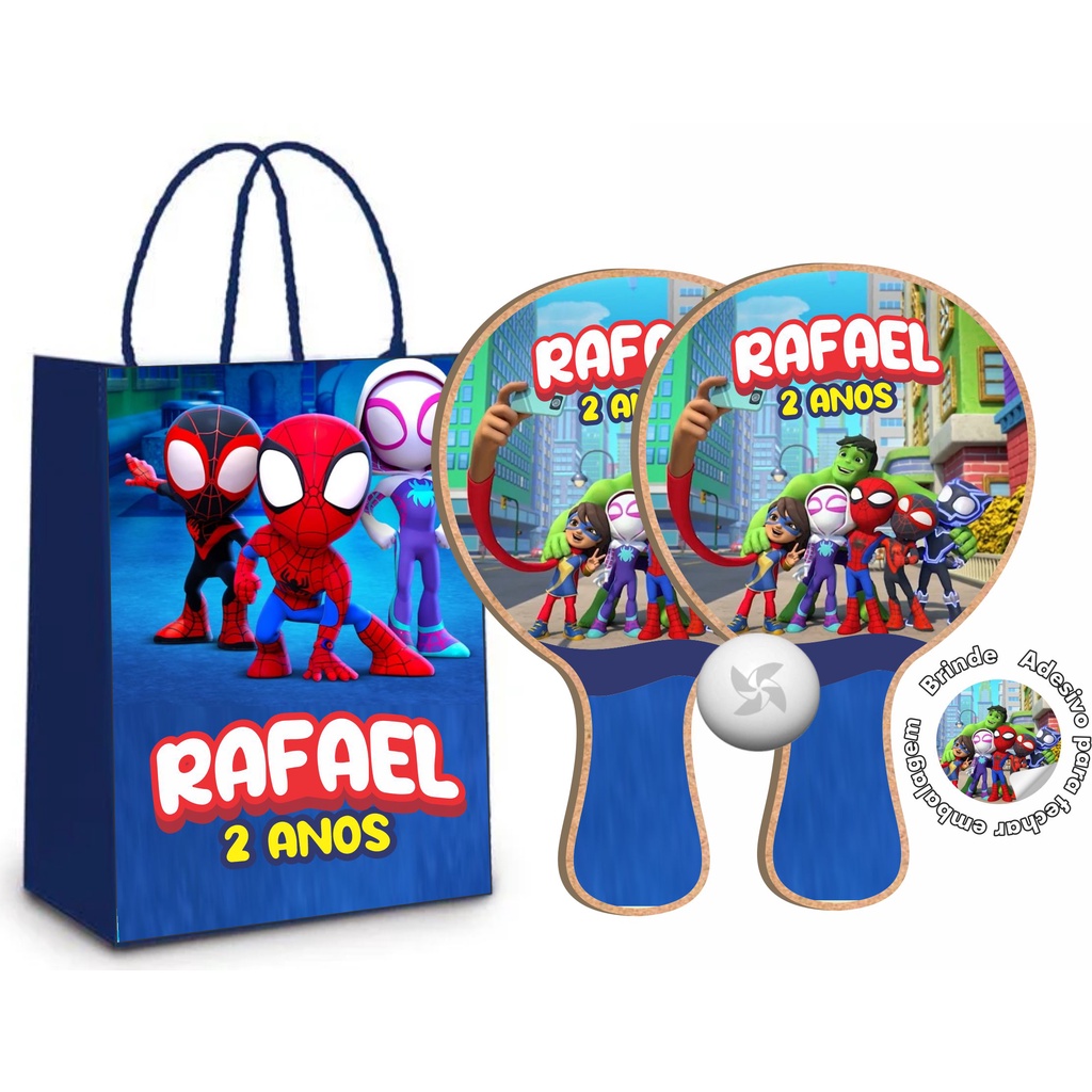 Kit sacola de papel e Raquete ping pong - Spidey e Seus Amigos Espetaculares - 10 unidades
