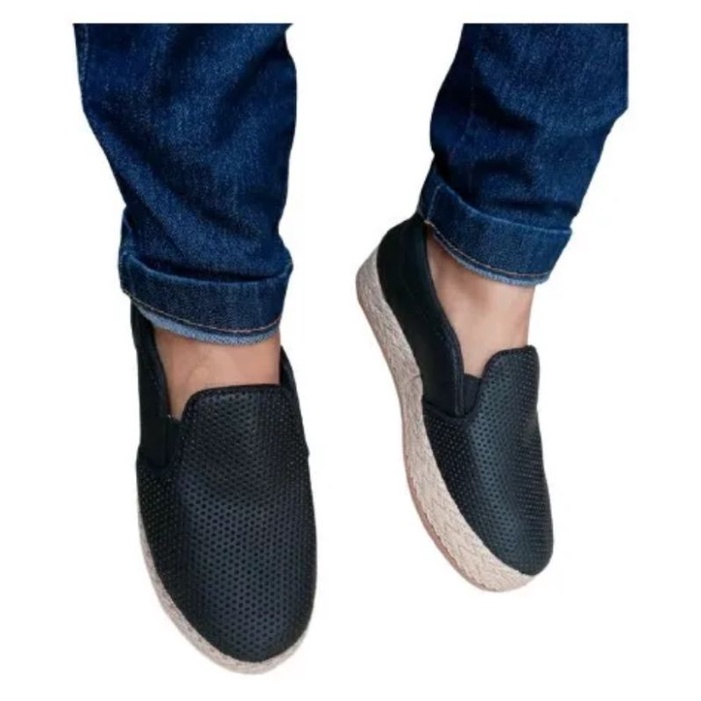 Tênis Slip On Feminino Preto Bordô Branco Floral Sola de Corda