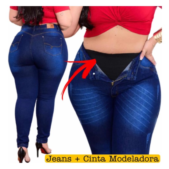 Calça Jeans Feminina Detalhes Fivela Cós Alto Modelador