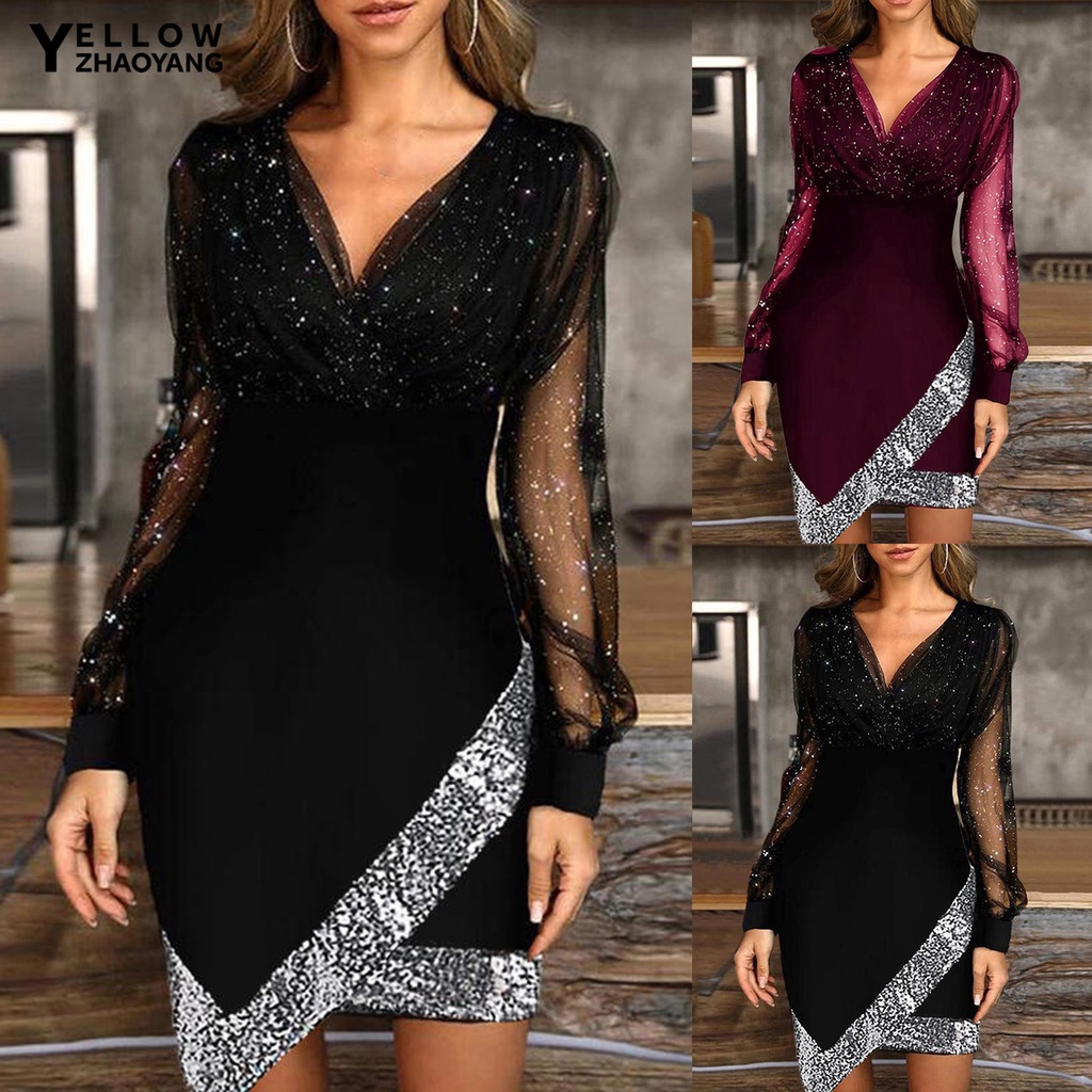 Lisa Deep V-neck Long Sleeve Sequin Dress