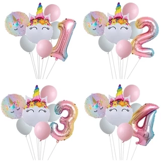 7 Pçs/set Unicórnio Balões De Látex Gradiente Número Da Folha Globos 1 2 3rd Feliz Aniversário Decorações Do Partido