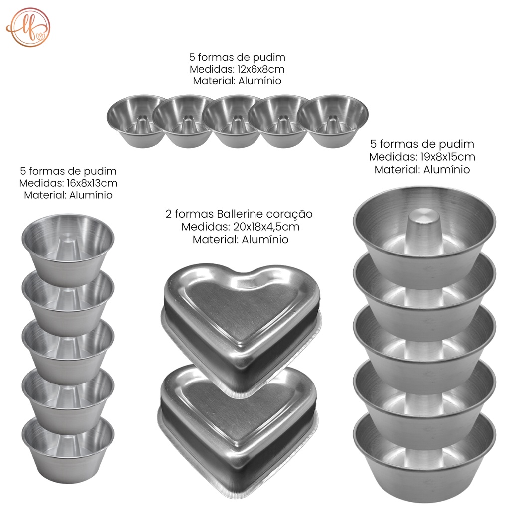 Formas de pudim 12x6x8/16x8x13/19x8x15+Formas ballerine coração 20x18x4 ...