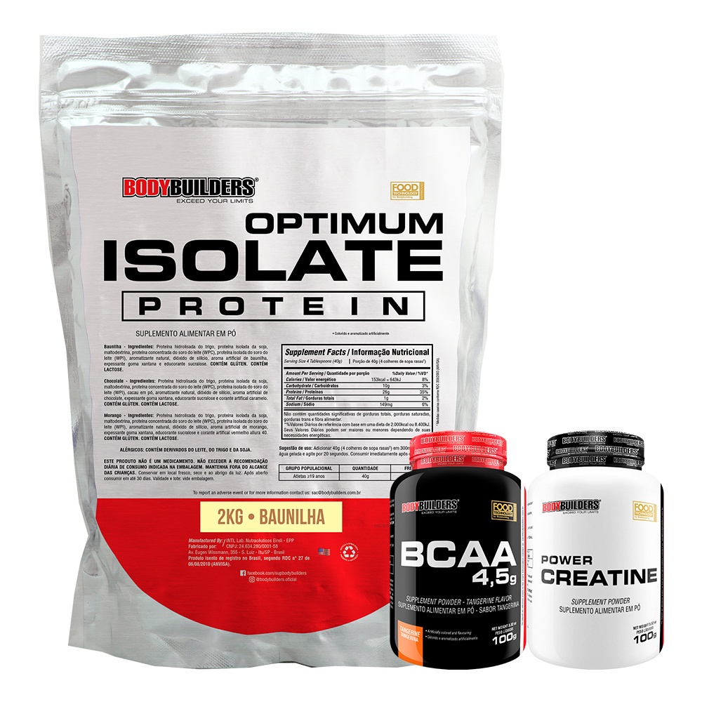Kit Optimum Isolate Whey Protein 2kg, BCAA 100g, Power Creatina 100g – Bodybuilders
