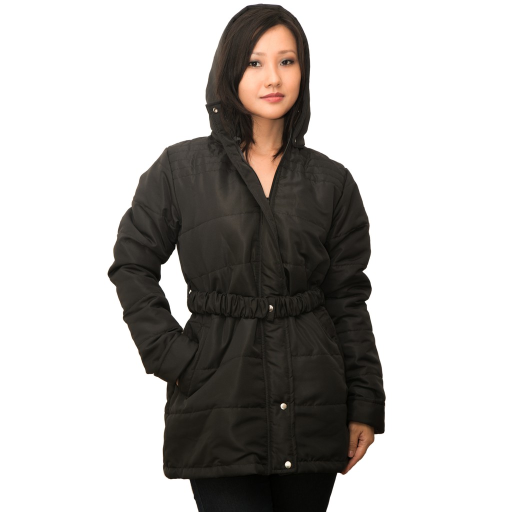 Casaco feminino acolchoado com Capuz removível e cinto elástico - Main Image