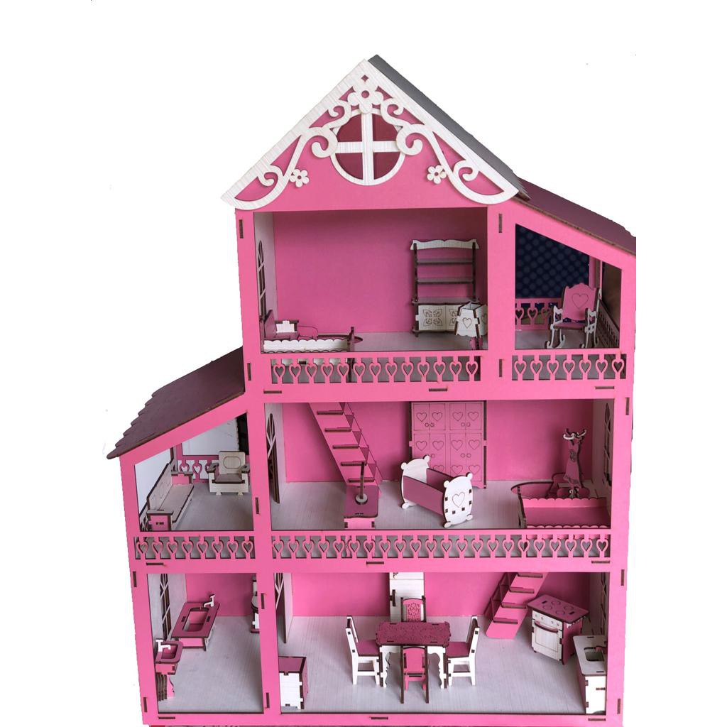 Casinha Casa de Boneca Barbie Polly Pintada 25 Móveis Madeira Mdf