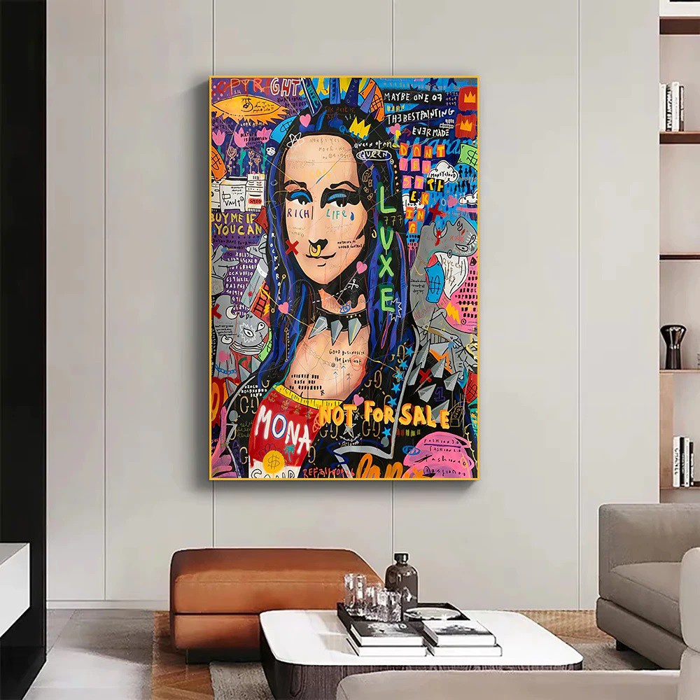 Quadro decorativo 1 peça 60x40 Monalisa moderna obra de arte abstrata  colorida grafite para sala quarto