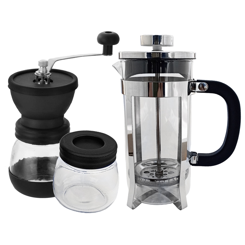 Conjunto de Preparo Para Café Com Moedor Manual Inox E Prensa Francesa 350ml