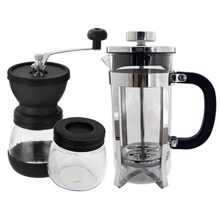 Conjunto de Preparo Para Café Com Moedor Manual Inox E Prensa Francesa 350ml