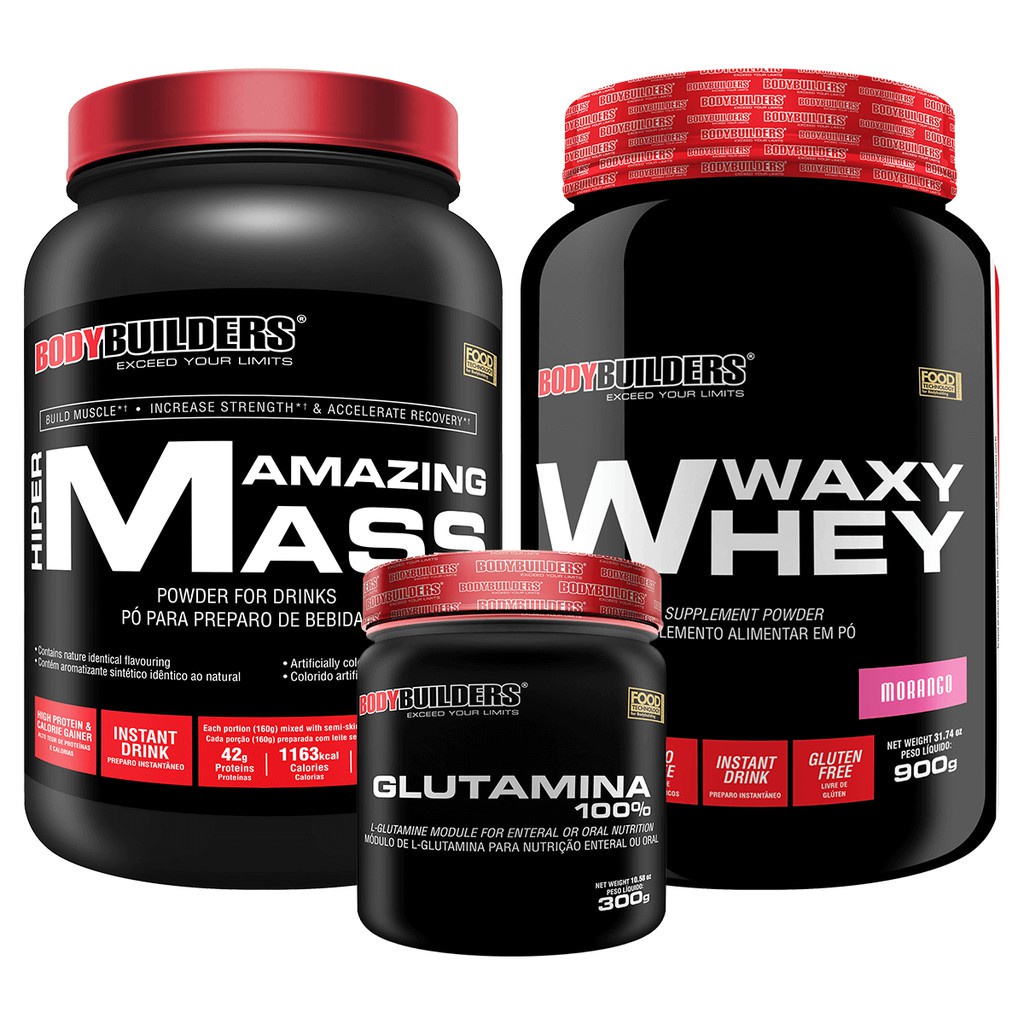 Kit Waxy Whey 900g, Hipercalórico Amazing Mass 1,5kg, Glutamina 100% 300g – Bodybuilders