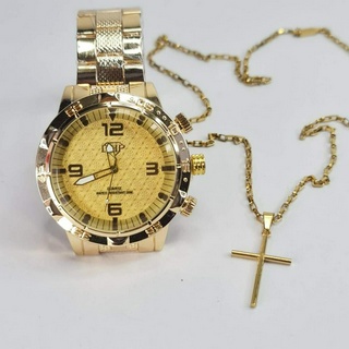relógio masculino a prova d água Corrente + Pingente Cruz Palito Banhados a ouro 18k Cordão Cartier Masculina