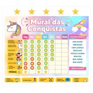 Quadro De Rotina Diária Infantil Tema Unicornio Incentivo para Atividades Menina Feminino Cores com estrelas prêmio meta mural de conquistas super nanny disciplina e educação para crianças pais e filhos rotina organizada