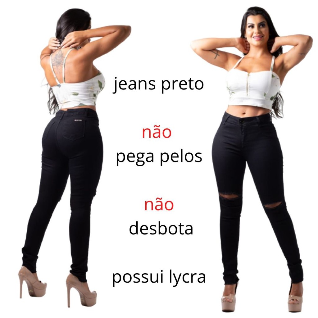 Calça jeans preta cós alto cintura alta com rasgo no joelho skinny