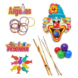 KIT JOGOS FESTA JUNINA PALHAÇO BOCÃO PESCARIA E ARGOLAS CAIPIRA ARRAIA
