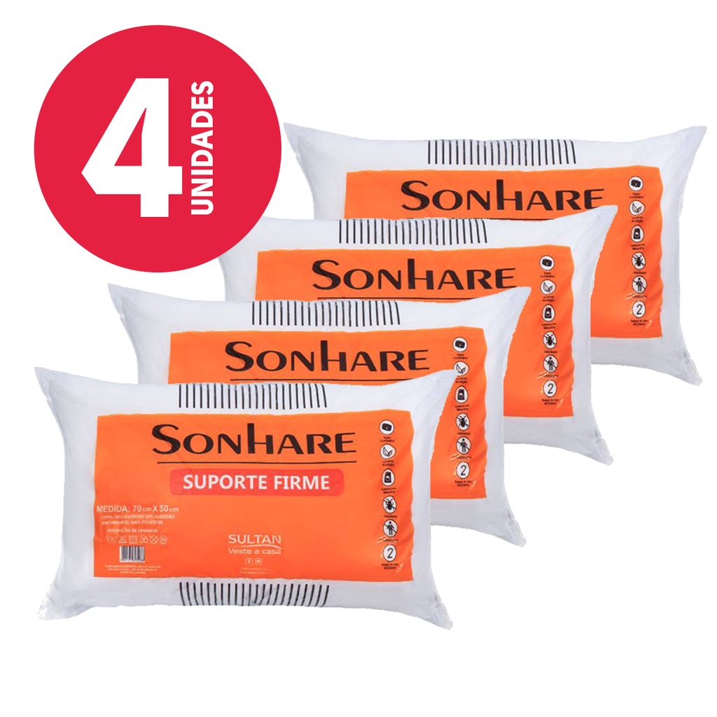 Kit 4 Travesseiros Macio Lavável 50x70 Sonhare AntiAlérgico