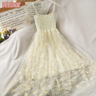Super Fada Pequena Margarida Gaze Sling Vestido Mulher 2024 Novo Estilo Pregueado Cintura Estreita Look Francês Retro Saia Longa Verão