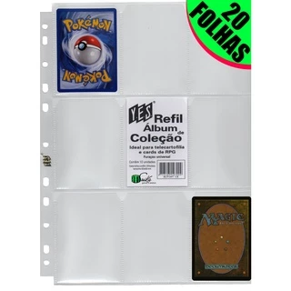 20 Folhas para Cards e Cartas para fichário pasta Álbum argola 11 Furos 9 Bolsos Pokémon Magic Yugioh RPG cardgame figurinhas coleção colecionável kpop futebol copa do mundo bts black pink dragon ball naruto
