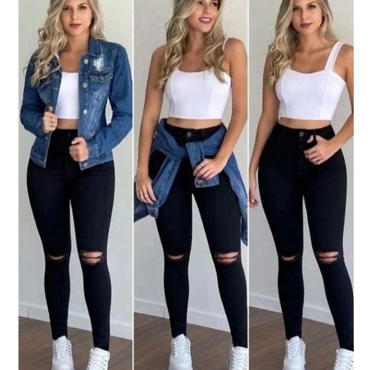Calça Jeans Preta Feminina Rasgada no joelho Blogueira Skinny