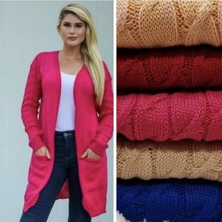 Cardigans Tricot fio de Linho Feminino de cor Lisa preta/vermelha/cinza/azul/verde Manga listrada comprida e com bolsa na frente